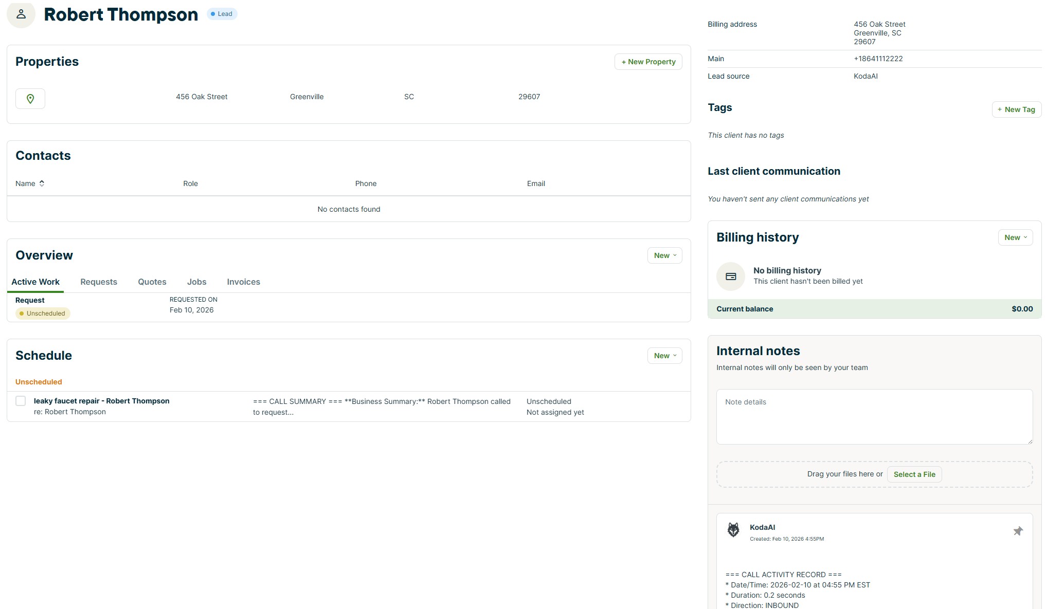 New client created in Jobber by KodaAI with properties, request, and notes