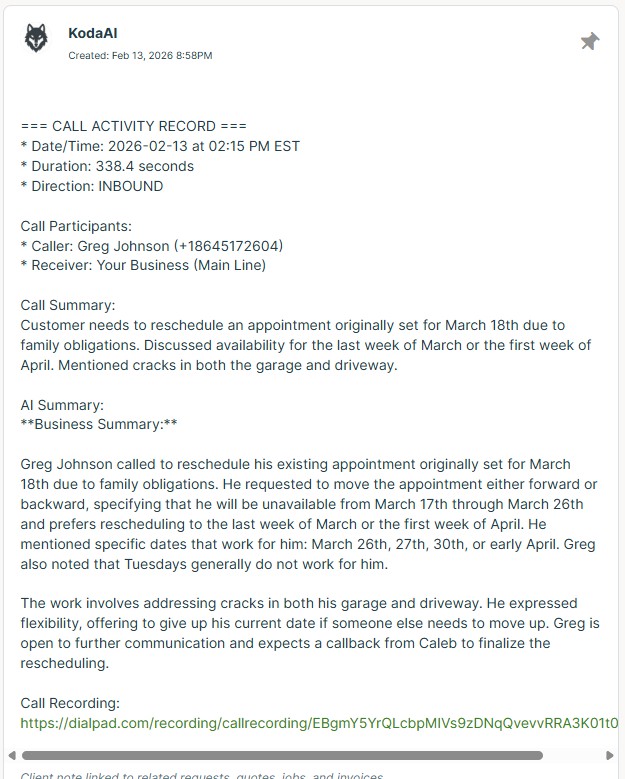 KodaAI note in Jobber with AI call summary and recording link