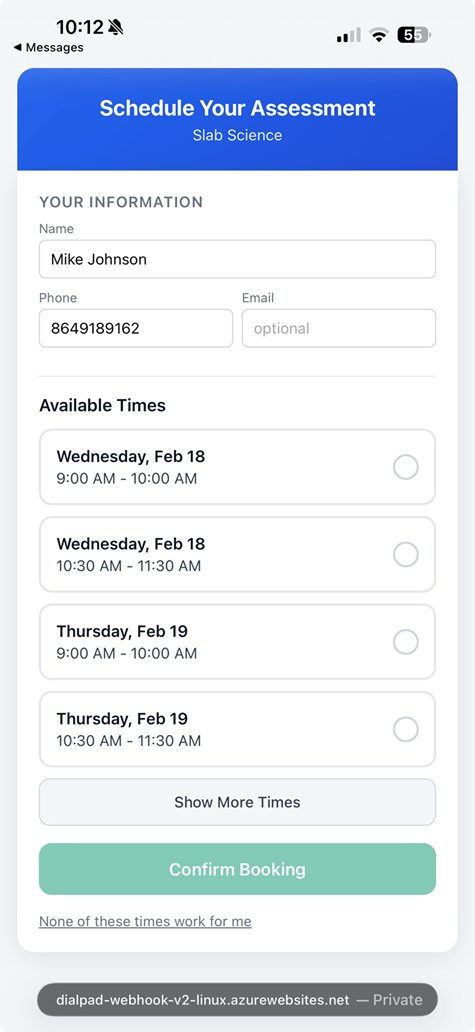 Customer picks an available time slot